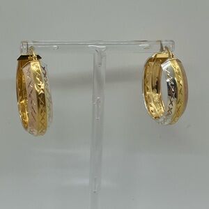 Vtg 925 Sterling Silver Tri-Color Rose White & Yellow Gold Tone Hoop Earrings